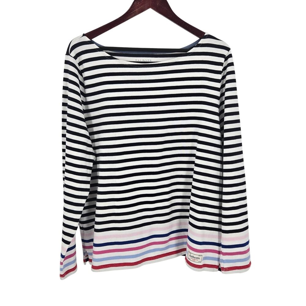 Talbots boat neck black white striped top size XL 100% cotton